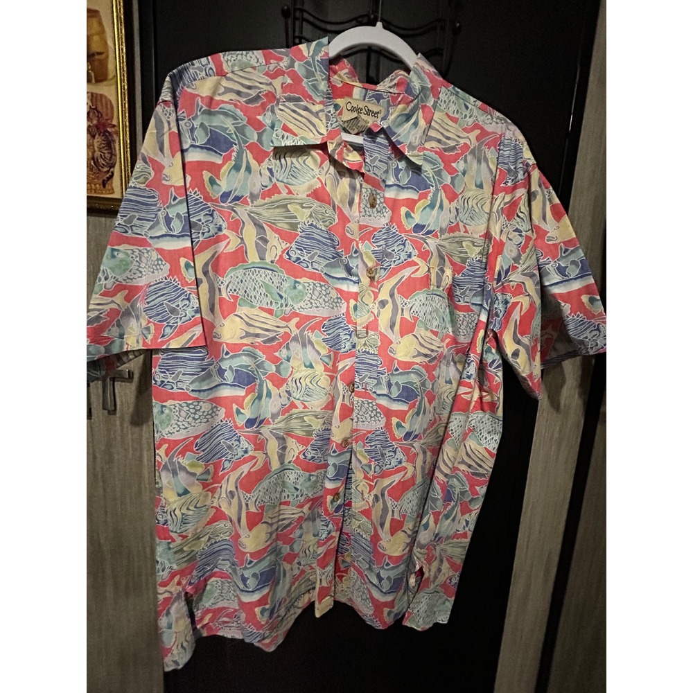 Cooke Street Honolulu Mens XL Aloha Shirt Fish Print Cotton Button Down Red Blue